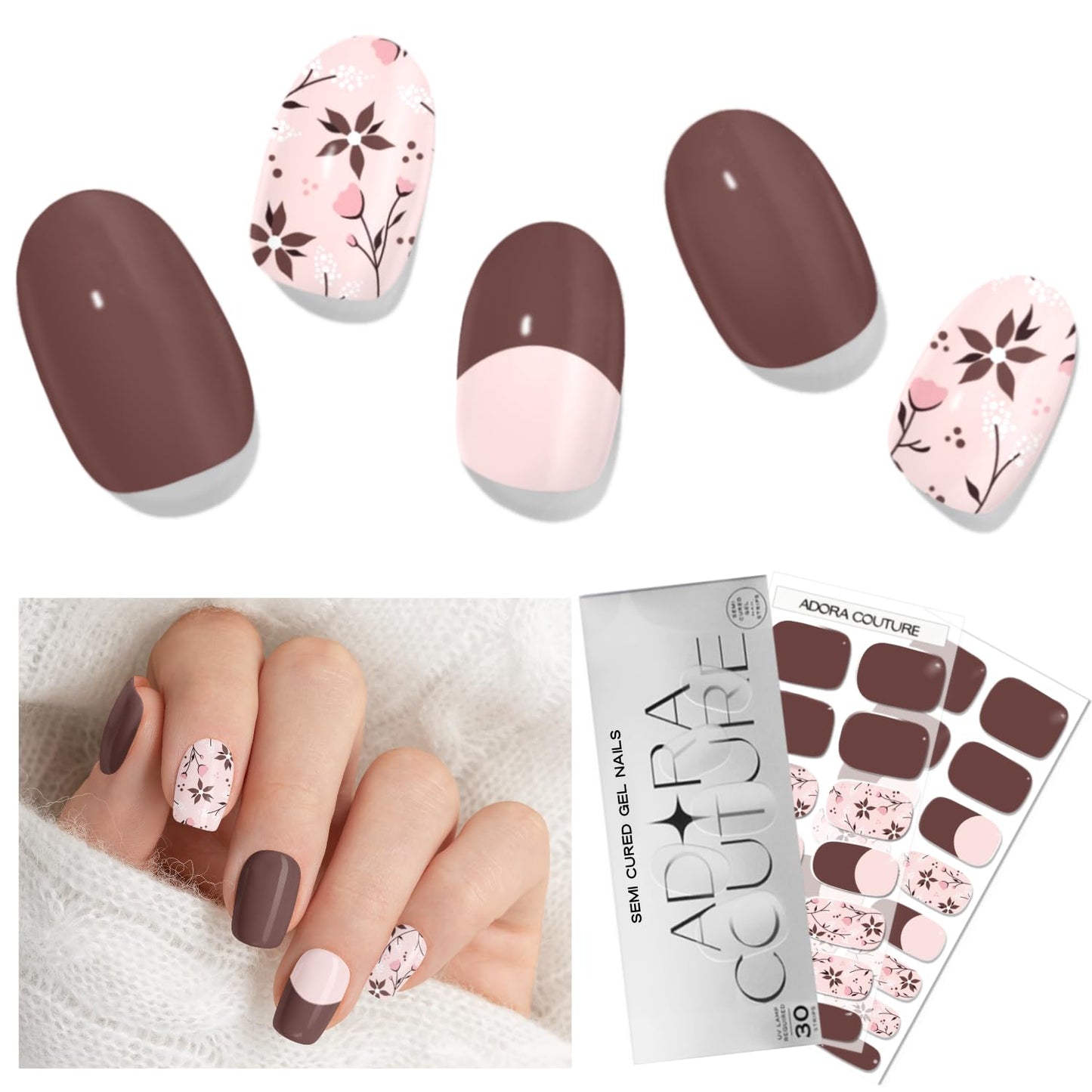 Semi Cured Gel Nail Strips with 30 Pieces – UV Gel Nail Stickers & Nail Wraps, Complete Manicure Kit Includes Prep Pads, Nail File and Wooden Stick, Easy Application, UV Light Required (Mocha Fleur)