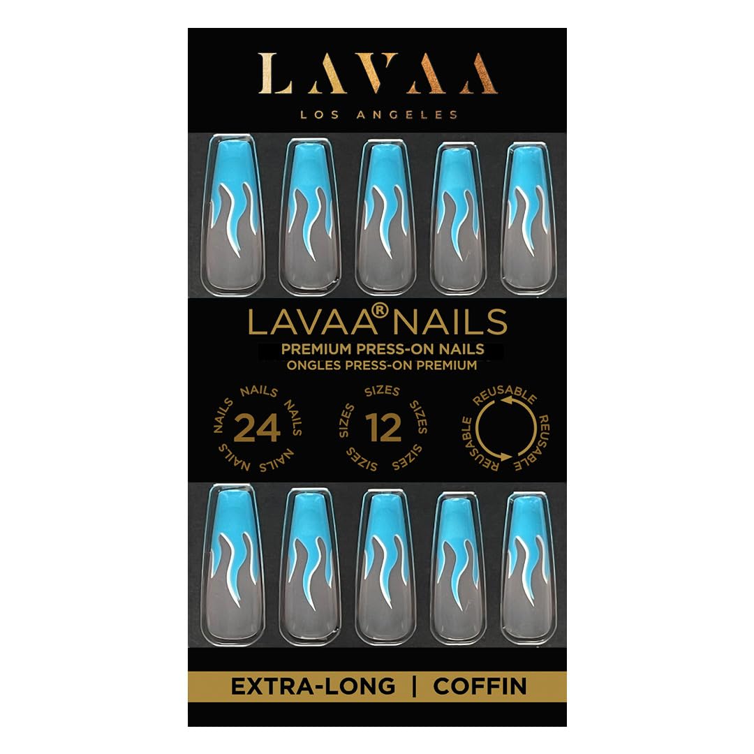 OCEAN FLAME Press-On Nails by Lavaa Beauty | Extra-Long Coffin | Blue Flame Tip Design