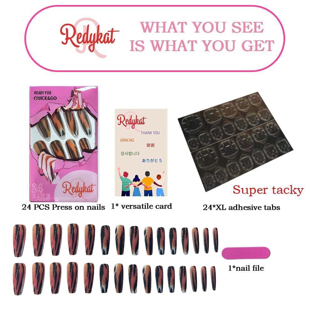 Redykat 24PCS Extra Long Coffin Matte Press On Nails, Salon Quality Nail Art, Tiger Acrylic False Nails, Stripe Fake Nails, Home Quick Manicure (Roar)