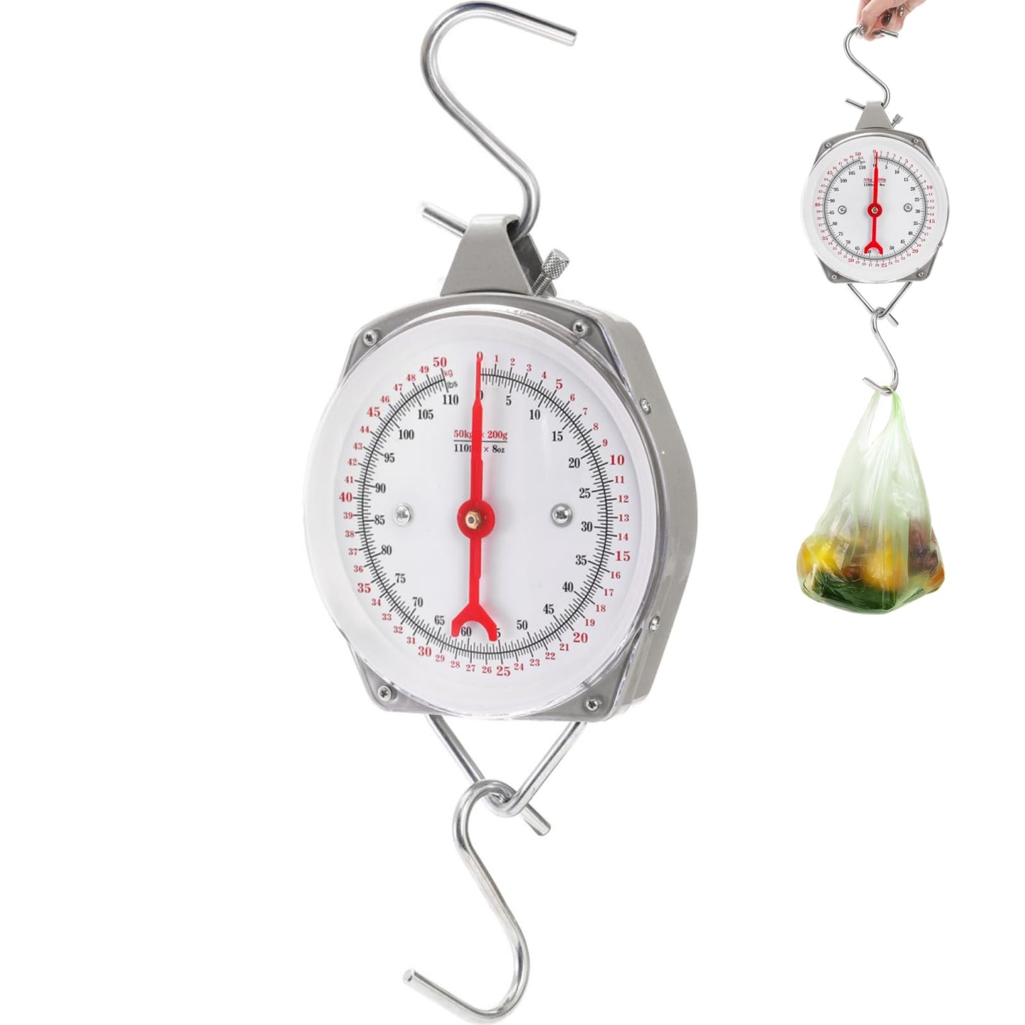 Acshio Precision Hanging Scale, 110 LB / 50KG Spring Dial Weight Scale Large Game Scale, Heavy Duty Mechanical Kitchen Weighing Food Scale for Market, Feeding, Kitchen