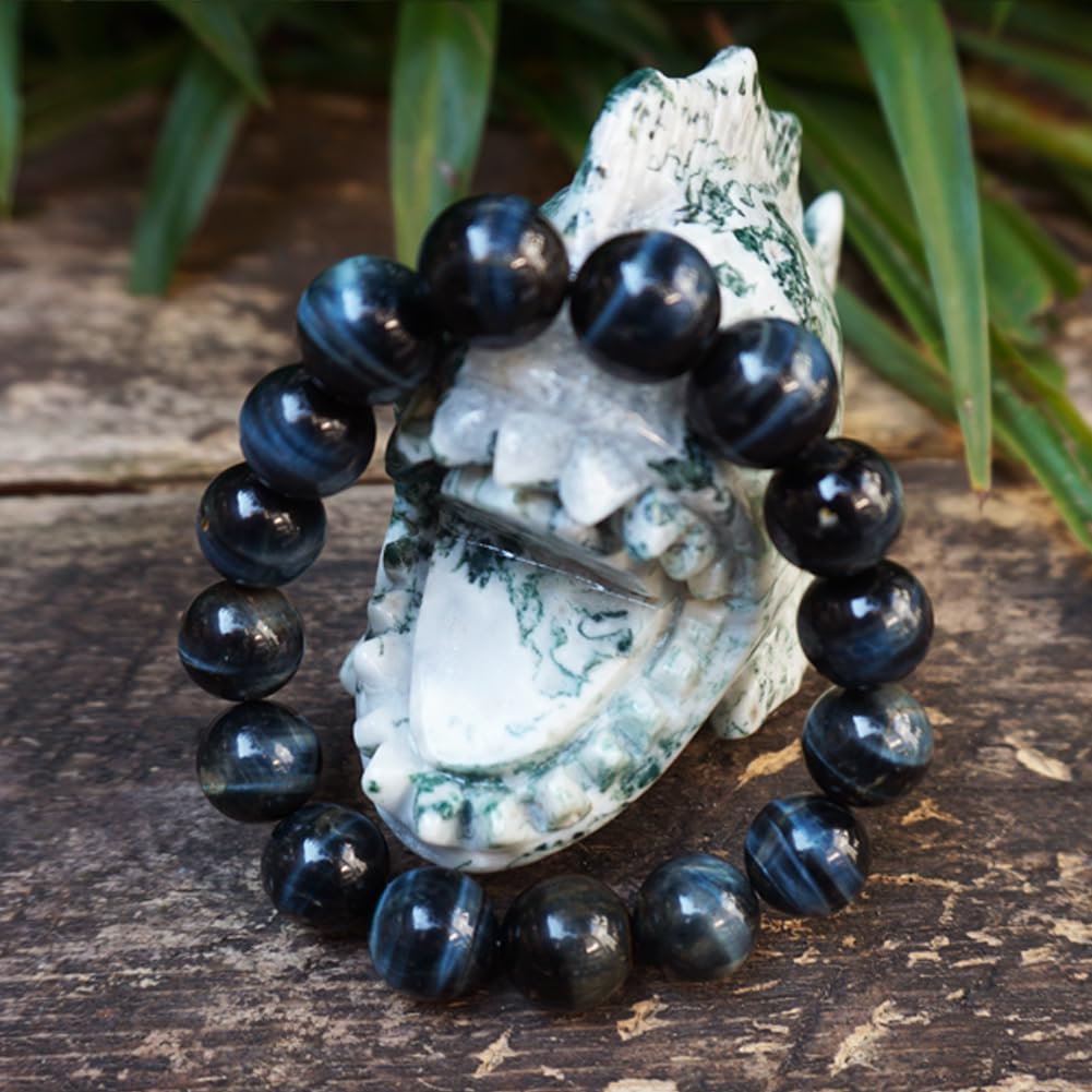 TaHLga Blue Tigers Eye Mens Bracelet 14MM | Fits for About 8" XLarge Wrist | Natural Solar Plexus Chakra Gemstones | Bring Luck Wealth Courage | Protection from Evil | Gift