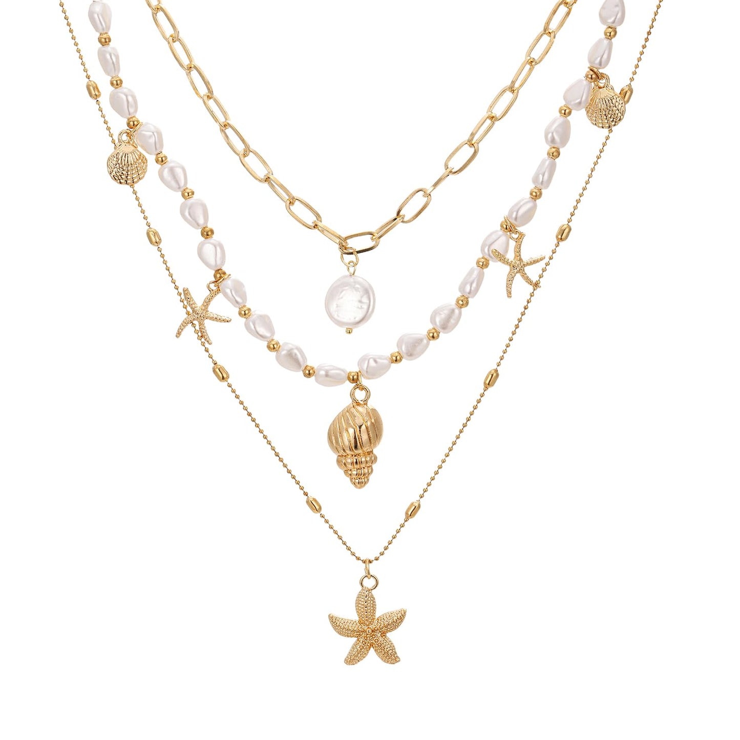 Seashell Starfish Necklace for Women Conch Shell Summer Pearl Beach 14k Gold Layered Dainty Sea Choker