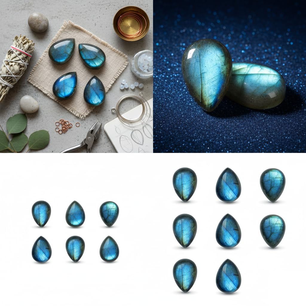 Myhealingworld Natural Calibrated 10x14mm Pear Shape Blue Fire Labradorite Cabochon Loose Gemstone 3pcs box. For Healing Wellness and Jewelry Making.