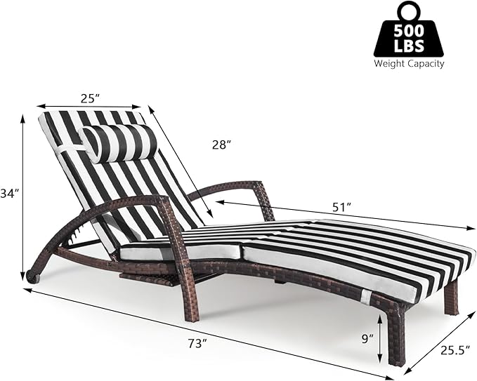 Chaise Lounge Chairs Outdoor Set of 4, Comfy Outside Wicker Patio Pool Lounge Chair w/ 5 Adjustable Back Angle, Cup Holder, Thicken Cushion