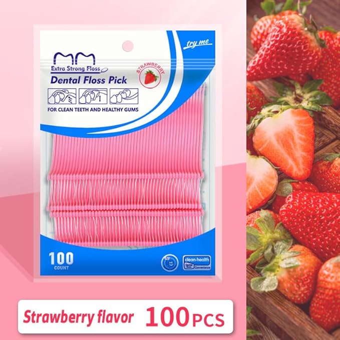 Fruit Flavored Floss，toothpicks，Cleaning Teeth，Ultra-fine Dental Floss Stick, Fight Tooth Decay and Keep Your Teeth Clean，Teeth Cleaning Tool (200 Pieces (Bagged/Single line), Mint+Strawberry Flavor)