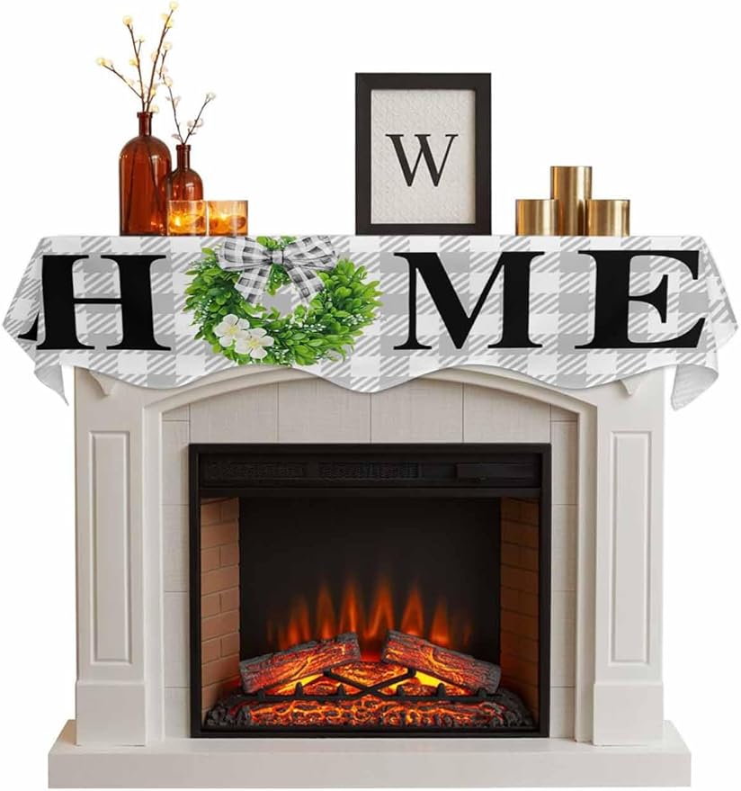Rustic Home Fireplace Mantel Scarf Table Runner,Green Eucalyptus Leaves Wreath Wooden Plaid Winter Garland Mantel Top Tablerunners Dresser Scarves Cover for Windows Party Living Room 70"x17"