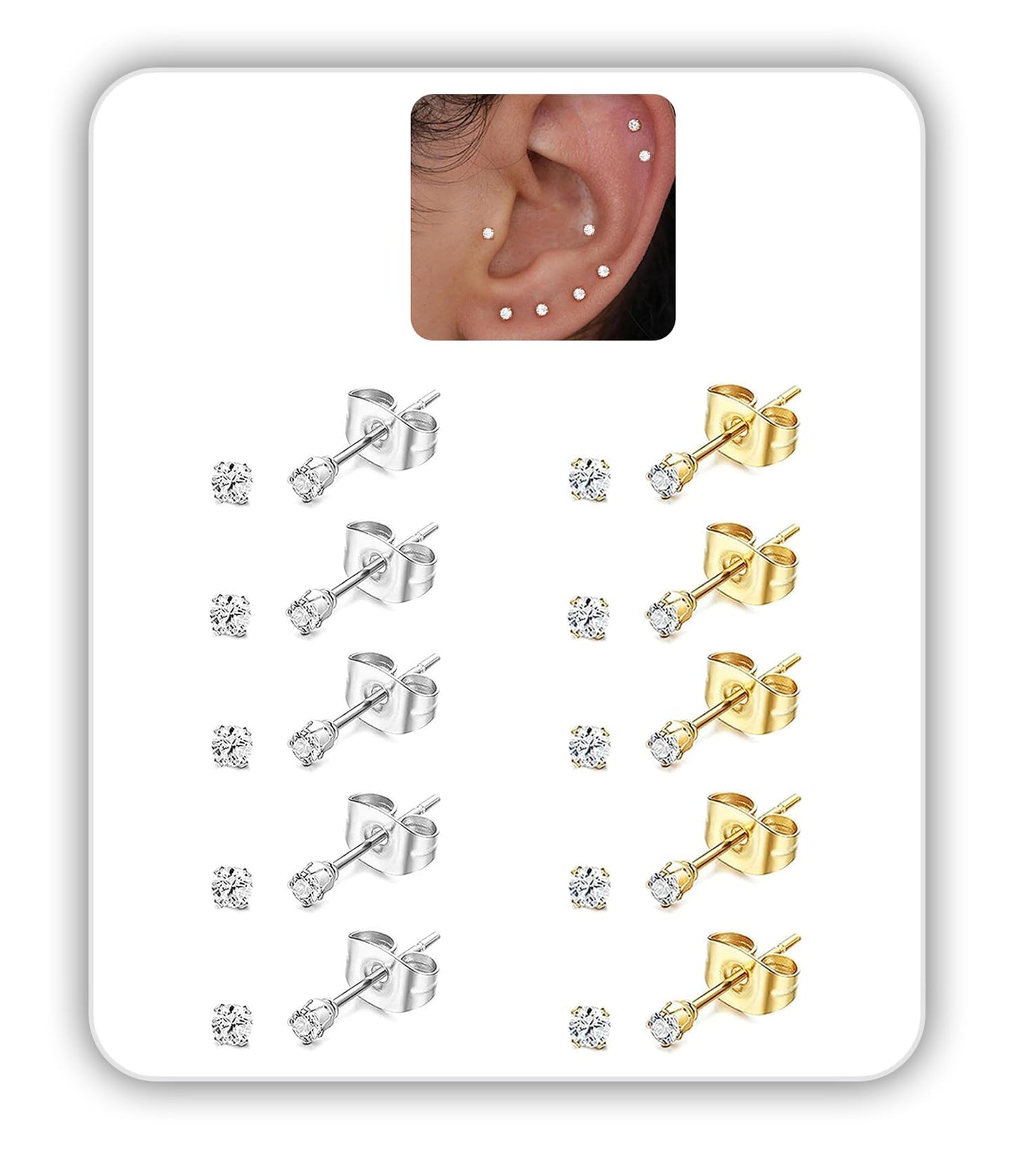 10 Pairs Tiny 2mm Stud Earrings Set for Women Men, Surgical Steel 20G Small Stack Round Cubic Zirconia Earrings for Multiple Piercing, Hypoallergenic Piercing Studs for Sensitive Ears Gold & Silver
