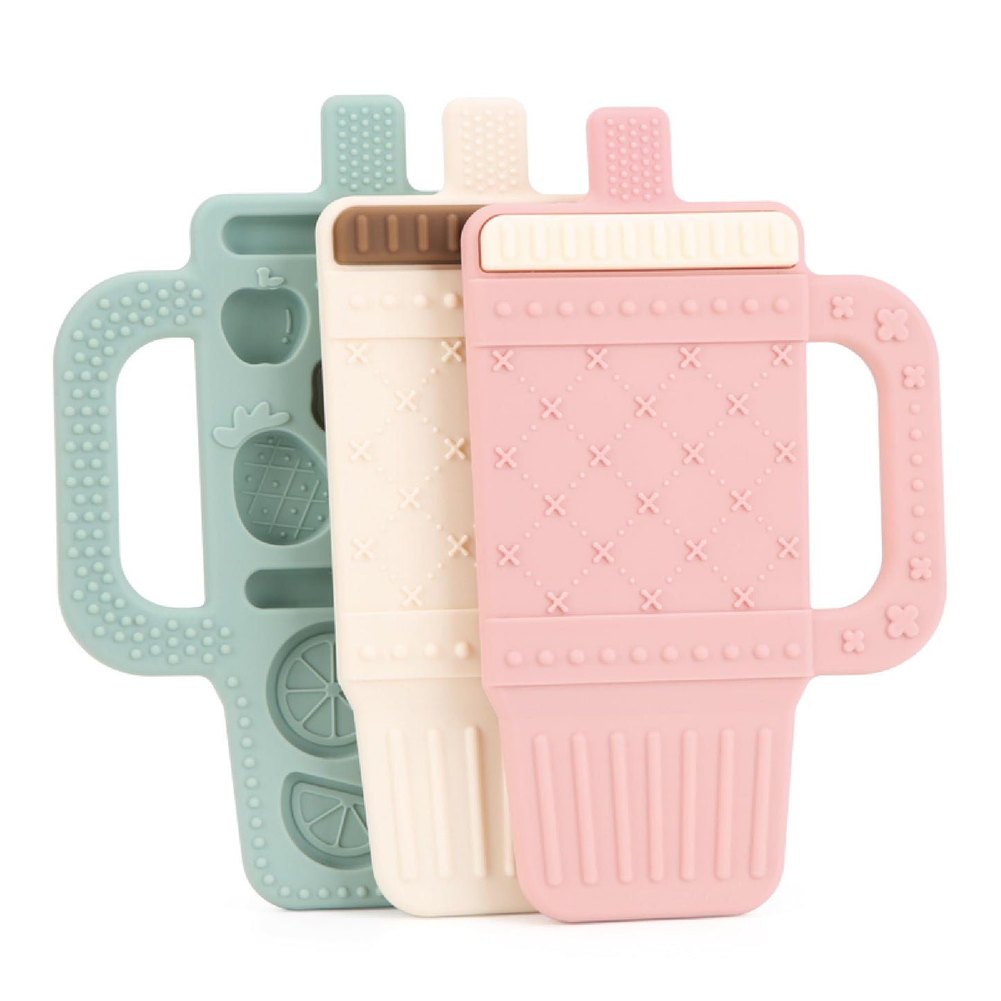 Lulyboo Sip & Soothe Silicone Teether 3 Pack - Food-Grade Soft Silicone, Textured Fruit-Shaped Teething Toys with Easy-Grip Handles for Sensory Development, Soothing Relief, Portable & Easy Clean