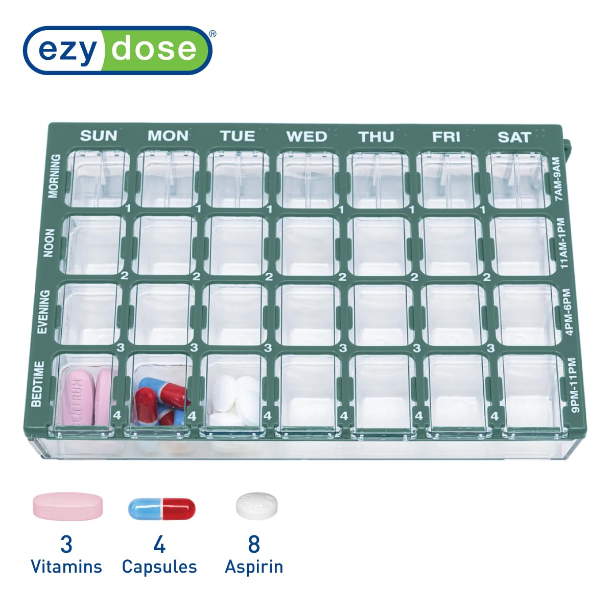 EZY DOSE Weekly AM/PM (7-Day) Daily Pharmadose Pill Planner, Medicine Case, Vitamin and Supplement Organizer, Small Easy Fill Compartments, 4 Times a Day, 28 Compartments, Green, BPA Free
