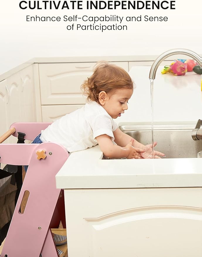 GROWNSY Foldable Step Stool Toddler Tower, Toddler Kitchen Stool Helper, Collapsible Kids Standing Tower with 3 Adjustable Heights and Safety Net for Kitchen Bathroom Sink Counter (Light Pink)