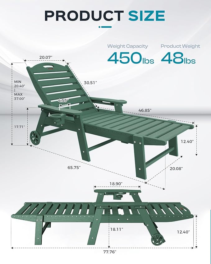 Outdoor Lounge Chair Set of 4, All Weather Patio Chaise Lounge Chair for Outside, HDPE Chair with Rolling Wheels & Cup Holder, 5 Position, Deck, Pool, Green