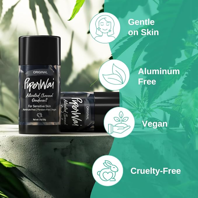 PiperWai Natural Deodorant w/Activated Charcoal | Odor Protection, Vegan, Aluminum Free, Shark Tank Product for Women & Men | Great for Travel, & Gifts | 75g Original Scented Stick 2-Pack