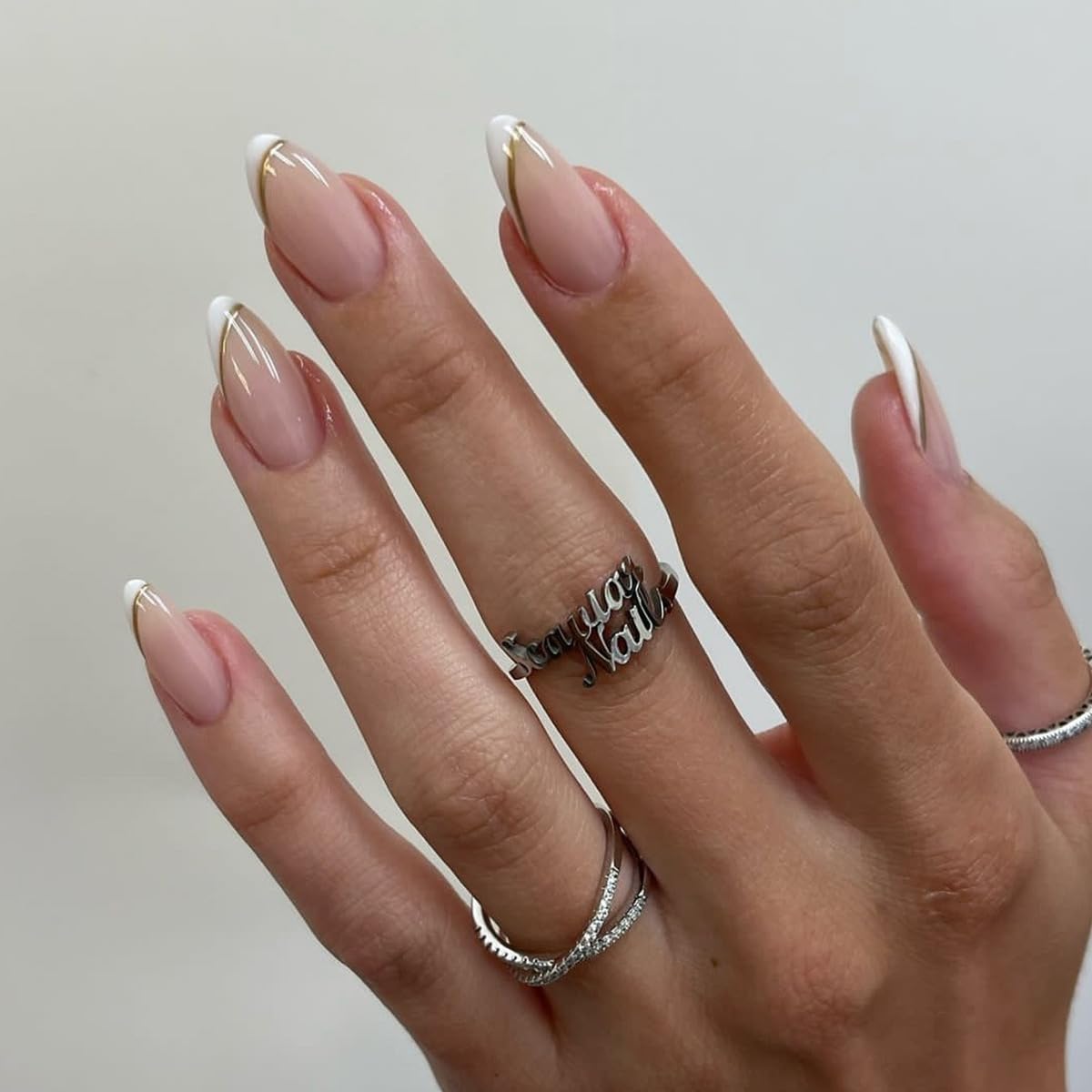 French Tip Press on Nails Almond Fake Nails with Gold Line Design Medium Full Cover Stick on False Nails for Women Manicure 24Pcs