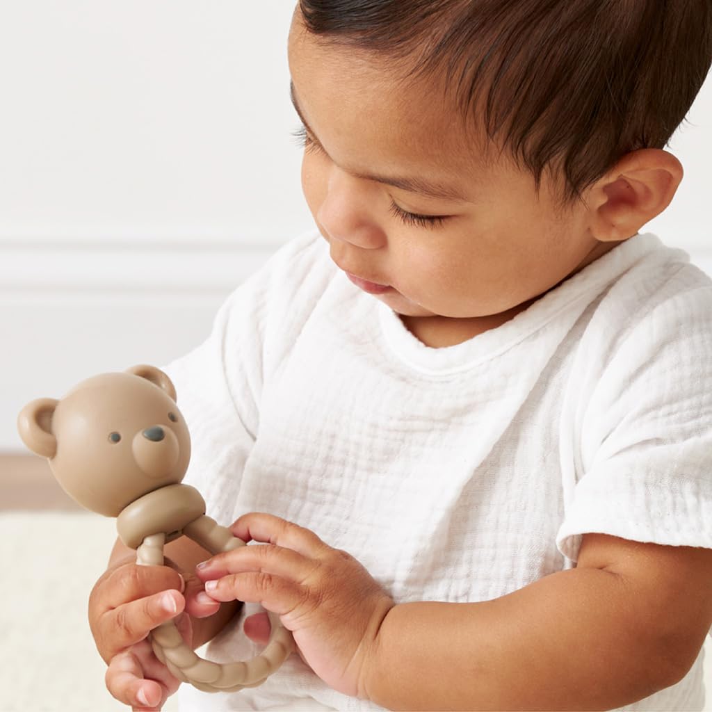 Itzy Ritzy Silicone Rattle Toy – Soothing Teething Toy with Soft Jingle Sound & Easy-Grip Textured Handle - for Ages 3 Months and Up (Bear)
