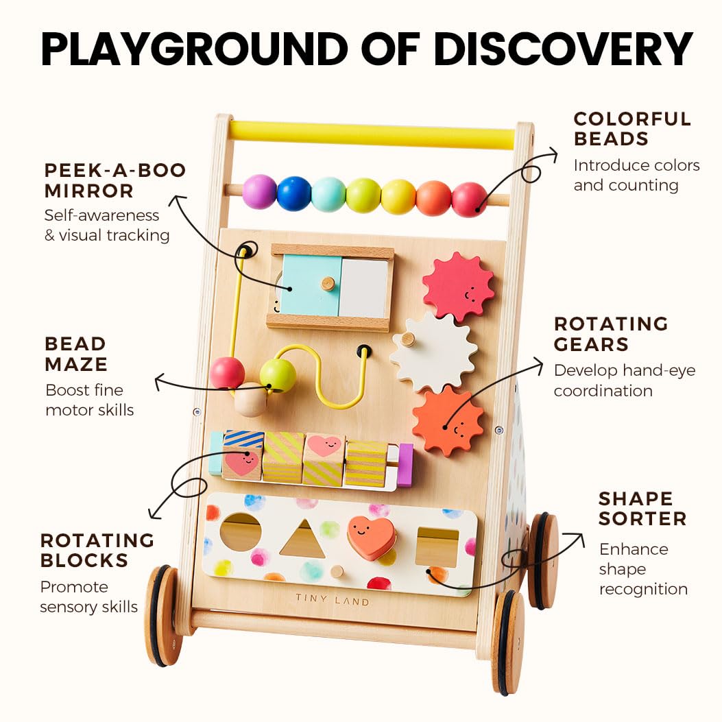 Tiny Land Wooden Baby Walker with Adjustable Speed, Montessori Activity Push Walker Toy for Toddlers, Colorful Learning Walker for Boys & Girls (Rainbow)