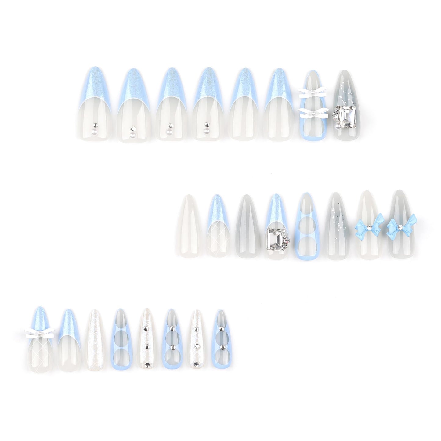 Bow Press on Nails Blue Fake Nails Long Stiletto False Nail with Diamond Design French Tip Glue on Nail Glossy Full Cover Artificial Acrylic Stick on Nails for Women Manicure 24Pcs