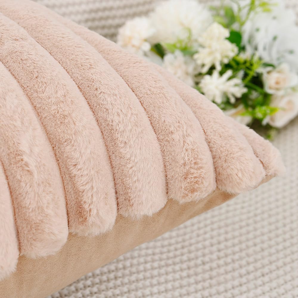 MADIZZ Set of 2 Faux Wool Plush Decorative Throw Pillow Covers 18x18 Inch Light Brown Fluffy Striped Soft Decorative Cushion Cover for Sofa Bedroom Pillow Shell