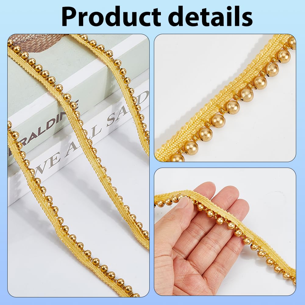 CABODYALS 1/2 Inch 10 Yards Gold Woven Ball Bead Tassel Trim Braid Fringe Edging with Beads Golden Lace Decorative Edge Trimming Polyester Ribbon for Sewing Making Party Wedding DIY Craft Supplies