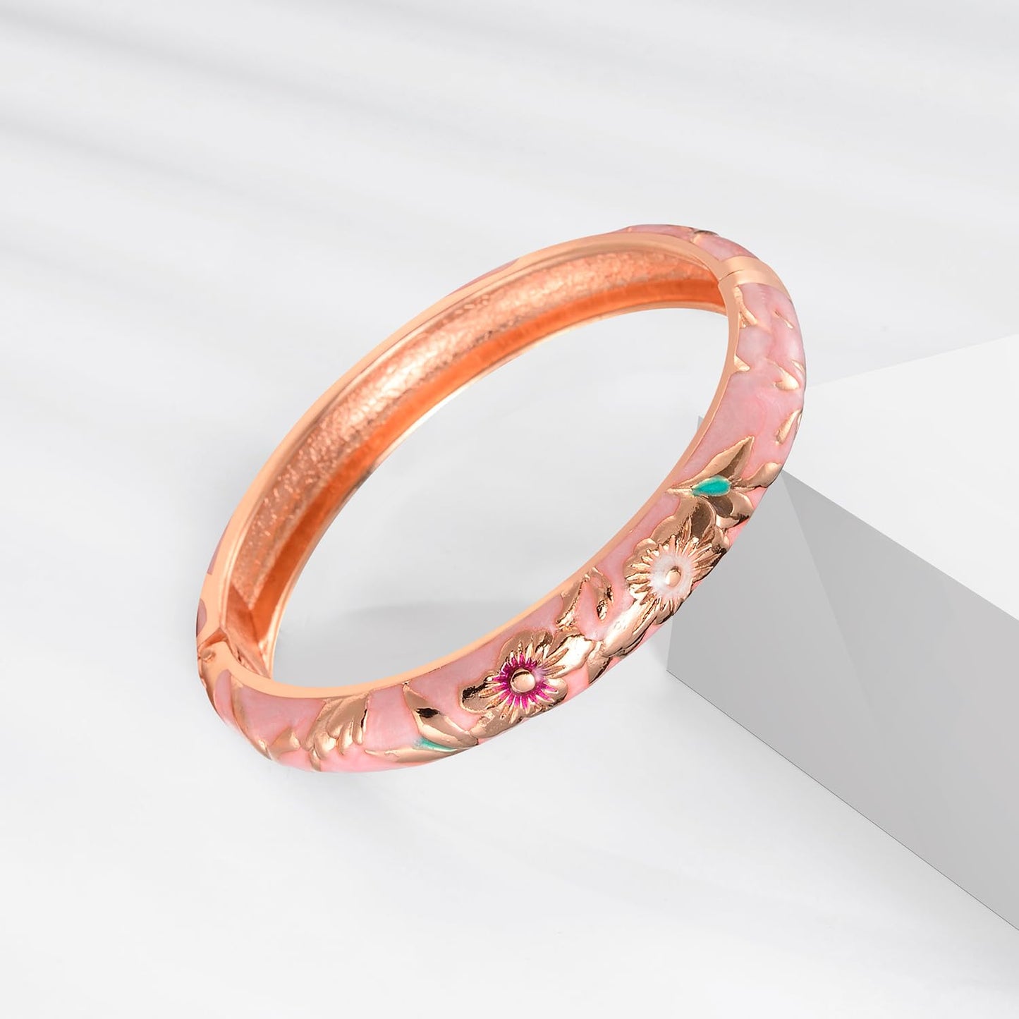 UJOY Vintage Cloisonne Bracelet Beautiful Flower Enamel Hinge Gold Plated Rose Bangles Jewelry for Women's Gifts 55A 3pcs Pink