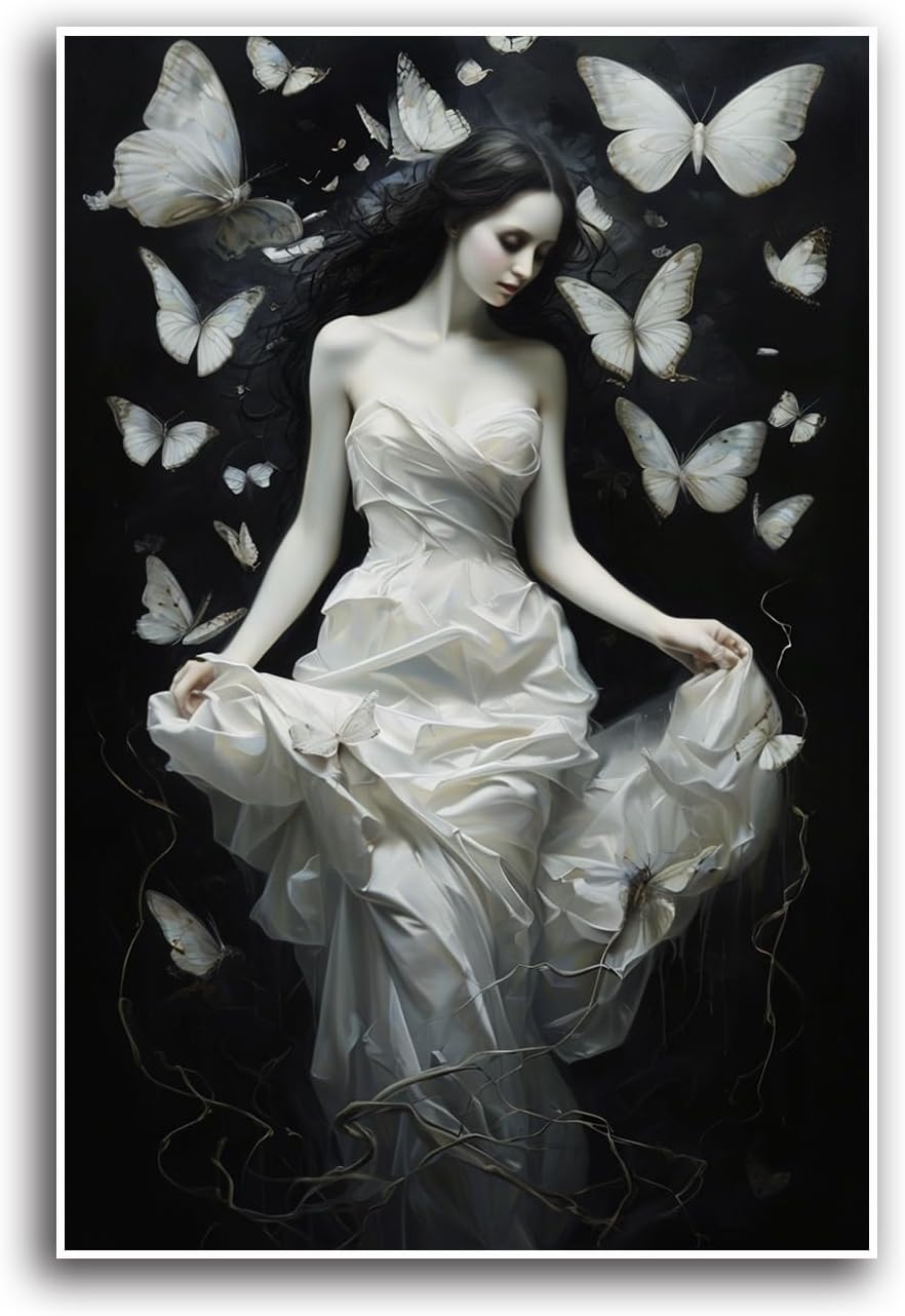 JFHCQJPK Vintage Gothic Feminine Canvas Wall Art Print Butterfly Poster Moody Preppy Wall Art Dark College Decor for Home Bedroom32x48in Frameless