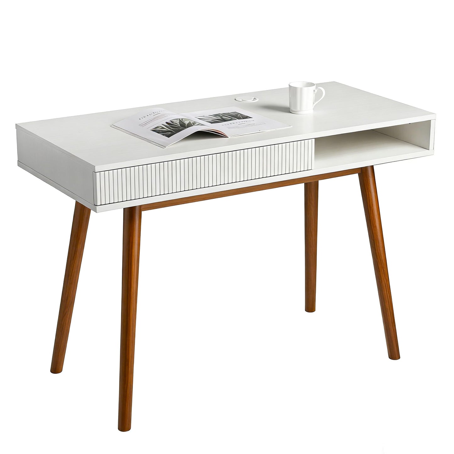 Artswish White Writing Desk with Drawers Mid Century Modern Desk, Wood Office Computer Desks for Small Space, White Desks with Walnut Legs
