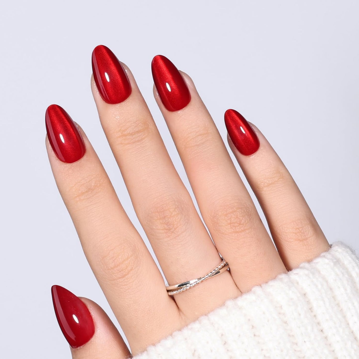 Leefrei Cherry Red Cat Eye Press On Nails - Short Almond Red Cat Eye Glow False Nail Tips Women, DIY Glossy Fake Nails Kit with Glue, Reusable Nails Short in 16 Sizes - 32pcs, Cherry Catseye