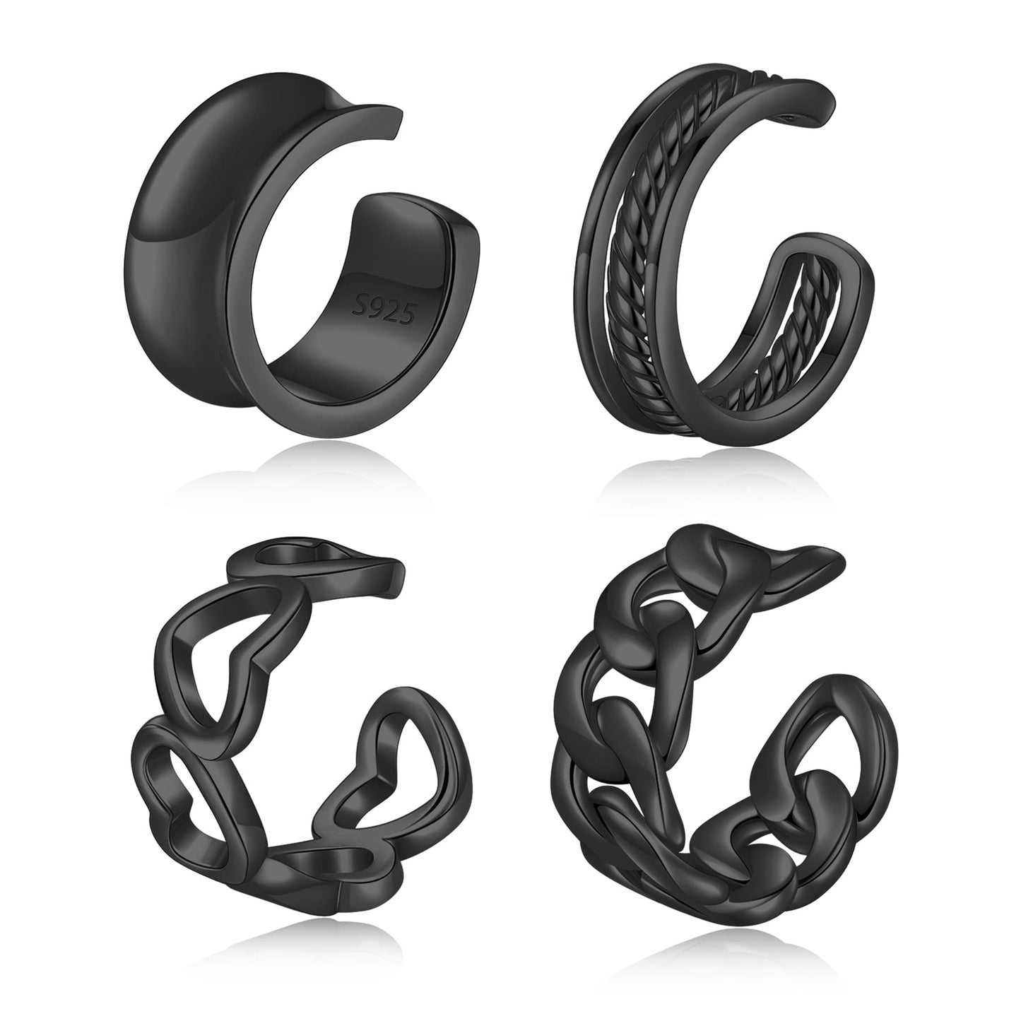 Ear Cuffs 925 Sterling Silver No Piercing Black Ear Cuff Earrings Set Adjustable Wide Ear Lobe Cuff Viking Ear Cuff Set For Women Men