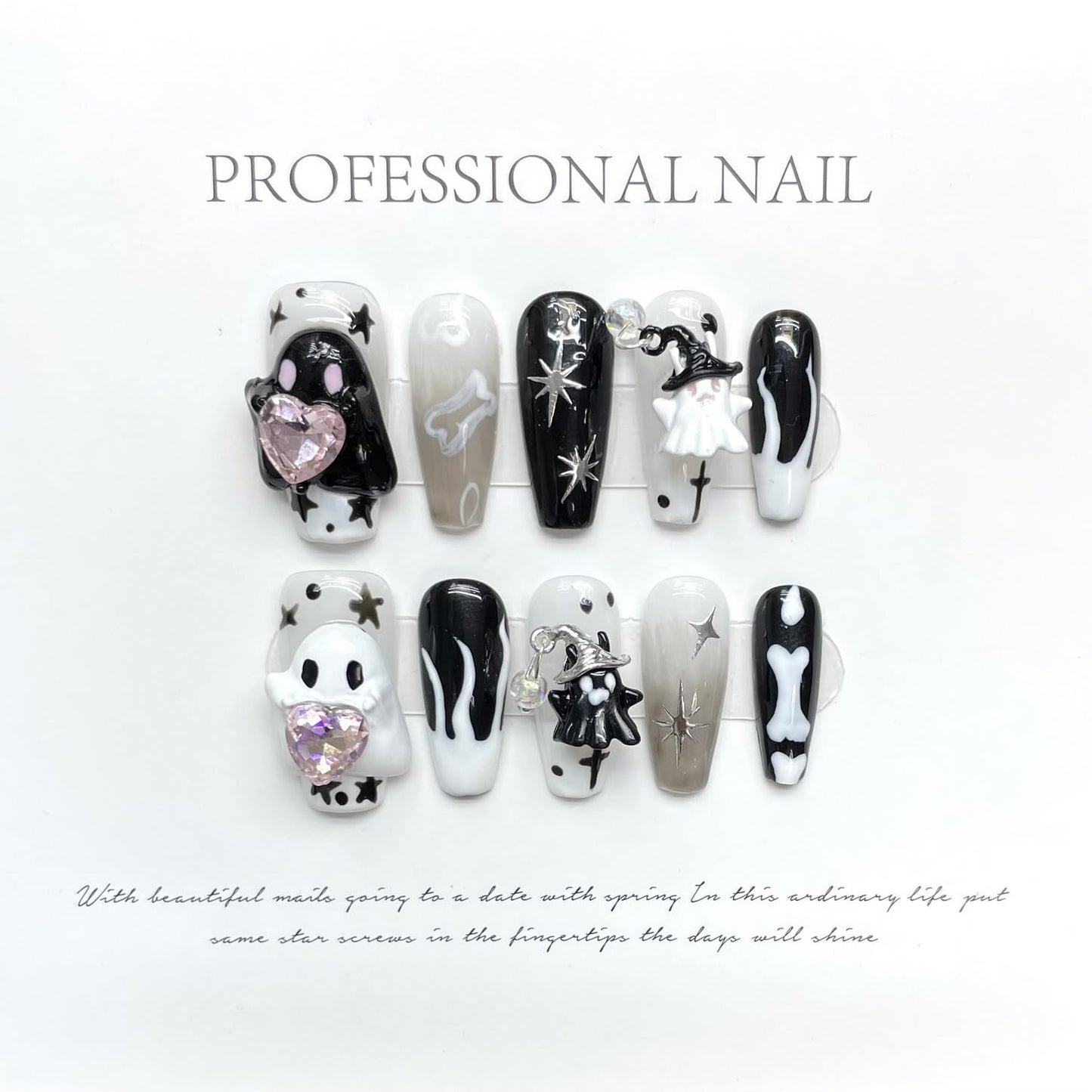 Halloween Press on Nails Bone Designs Love Heart and Little Ghost Acrylic Nail Handmade Press on Nails Medium Coffin Fake Nail Full Cover Black White False Nails for Women Manicure (Size M)