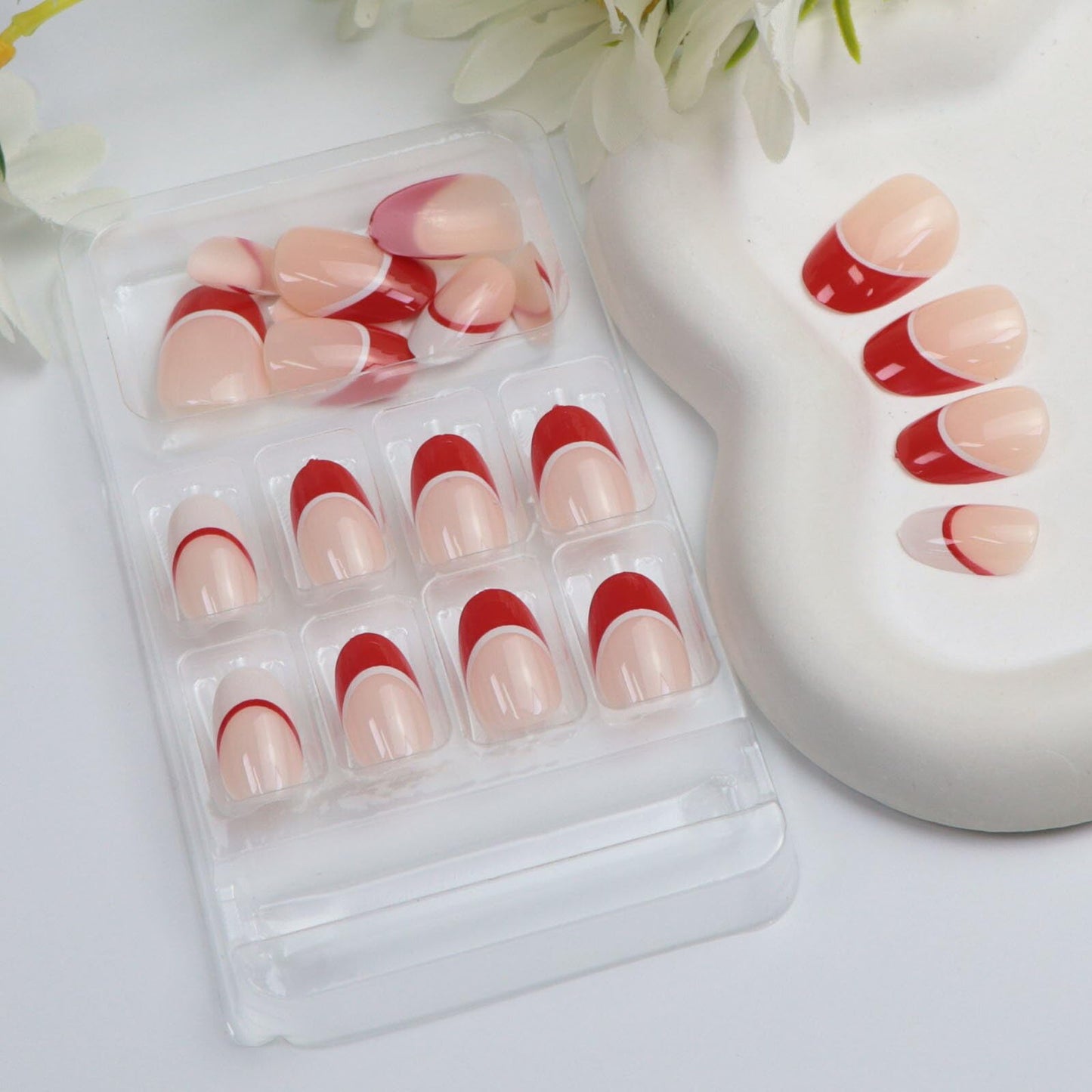 Press on Nails Short Oval Fake Nails with Red White French Designs Round Nude Nails Press ons Winter Acrylic Nails for Women 24 Pcs