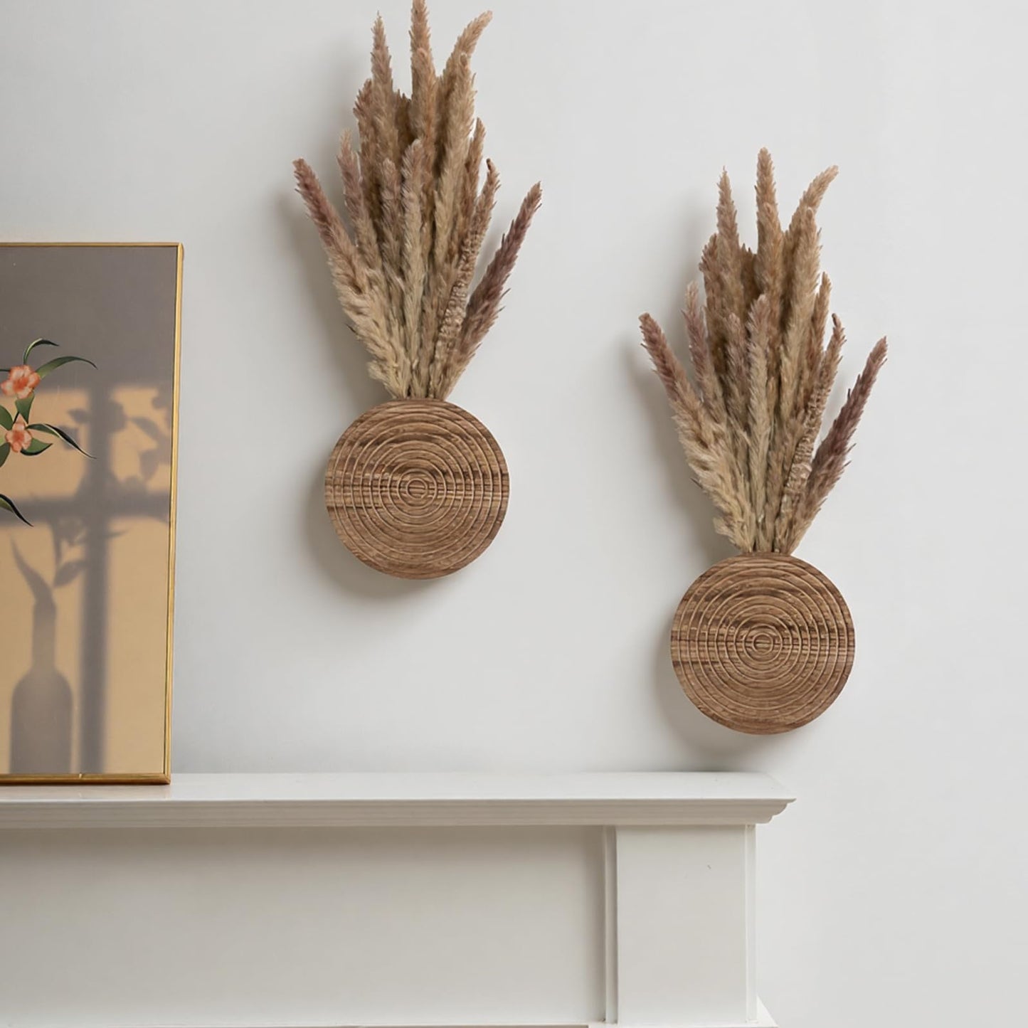 Teecyhooo 2 Pack Wooden Round Wall Vase for Indoor Plants Boho Modern Farmhouse Wall Decoration for Living Room, Bathroom Entryway, Hallway Artificial Flower Plants