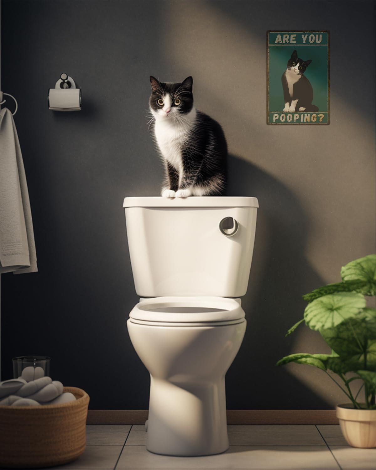 ALKB Tuxedo Cat Decor Are You Pooping Funny Metal Signs 8 x 12 Inch Black Cat Gift for Vintage Bathroom Decor