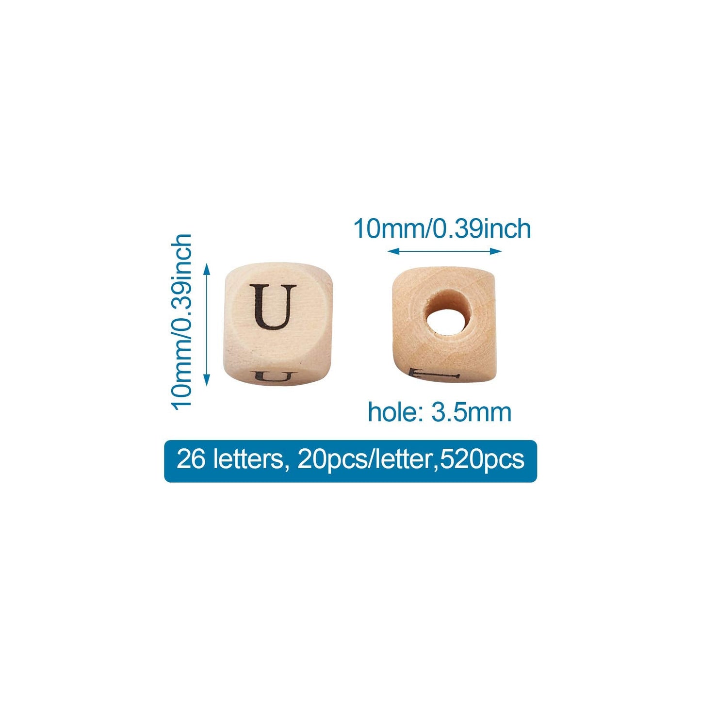 KISSITTY 520pcs/bag Cube Wood Beads with Initial 26 Letters 10mm Natural Square Alphabet Wooden Loose Beads for Jewelry DIY Crafts Making PapayaWhip