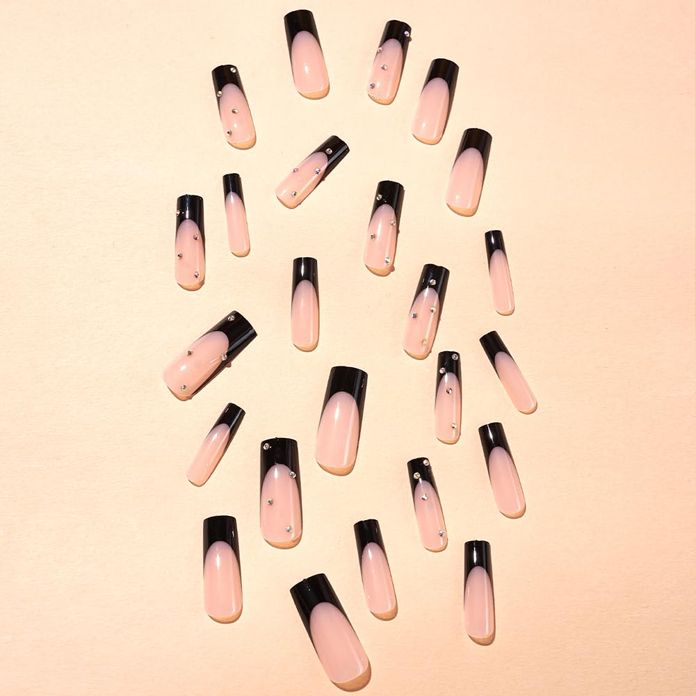 Long Press on Square False Nails 24Pcs with Rhinestones Designs Acrylic Press ons Artificial Stick on Fake Nails for Women - Black French Tip