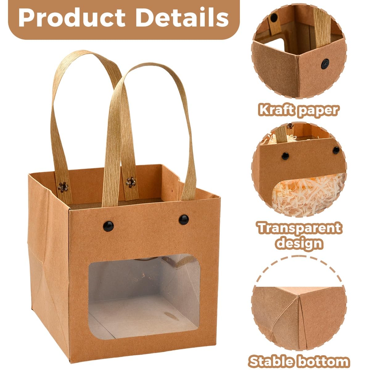 Echoed Elegance Kraft Paper Bags with Nylon Handles and Clear Window, 10 Pieces, 2 Styles, Square Gift and Shopping Bags for Retail, Party, Wedding, Craft Packaging (White)