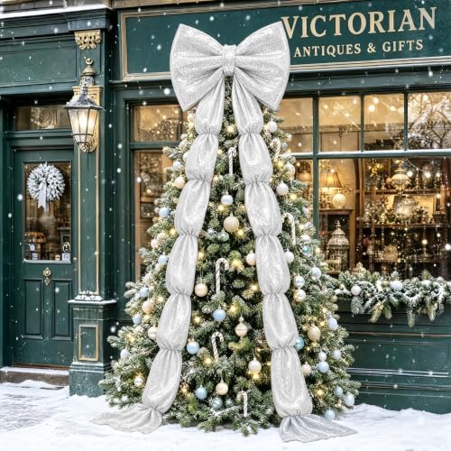 Giant Bow Decoration Silver Sequin Christmas Tree Bow 75 x 23 Inch Sparkle Large Bow with Long Ribbon Coquette Big Bows Decor for Xmas Tree Topper Mantel Display Holiday Porch Trim