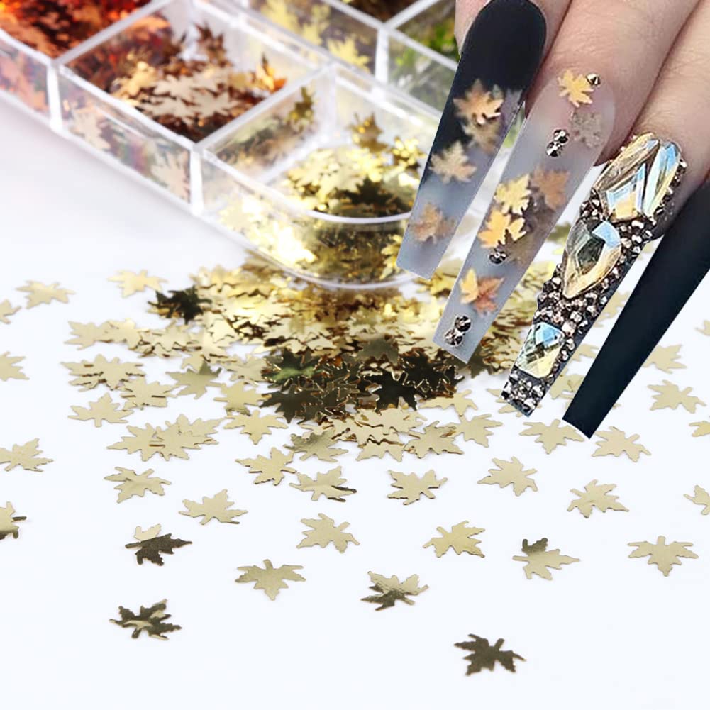 Fall Glitter Nail Sequins Maple Leaf Nail Glitters Flakes 3D Maple Leaves Nail Art Stickers Decals Gold Laser Glitter Nail Designs Retro for Manicure Autumn Winter Gel Nail Art Decorations 6 Grids