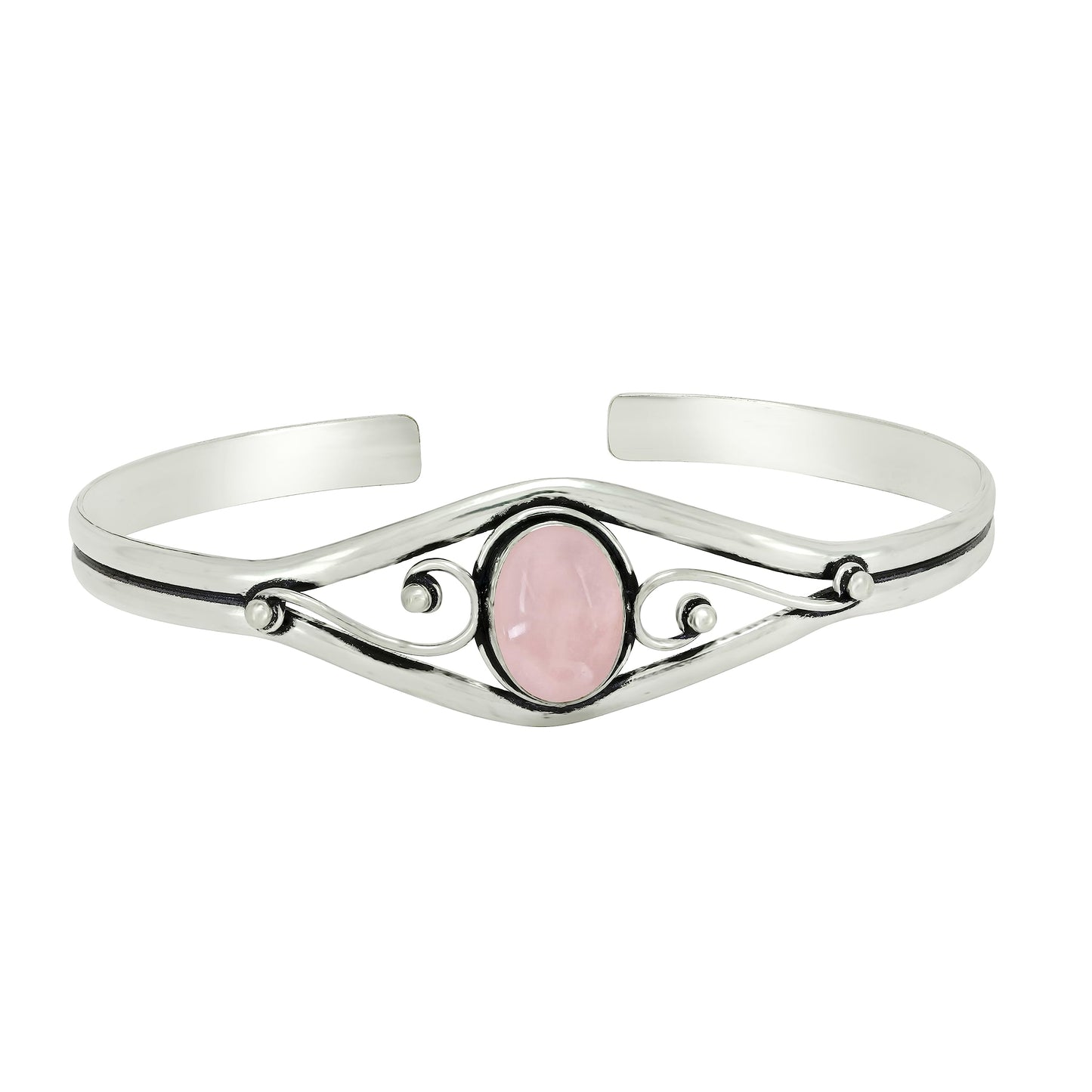 925 Silver Plated Natural Rose Quartz Cuff Bangle Bracelet for Women – Handmade Open Bangle – Pink Gemstone January Birthstone Statement Jewelry – Gift for Her