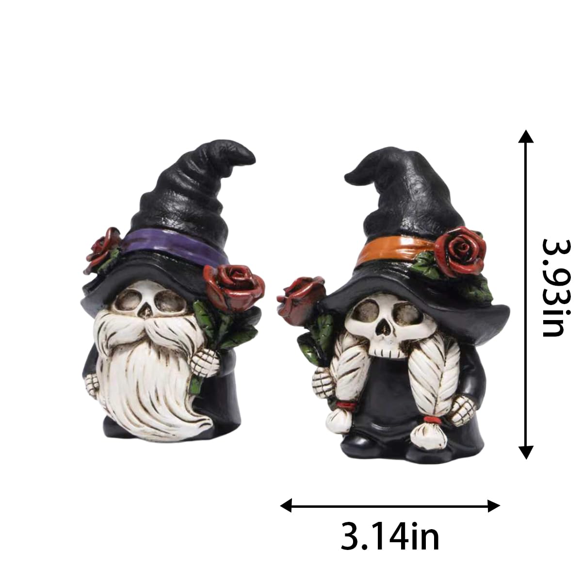Hodao Halloween Gnomes Decorations Indoor, Resin Halloween Skull Head Handmade Figurines with Witch Hat & Rose Decor for Gift Home Bedroom Party Office Table - 2 Pcs, Black Hats