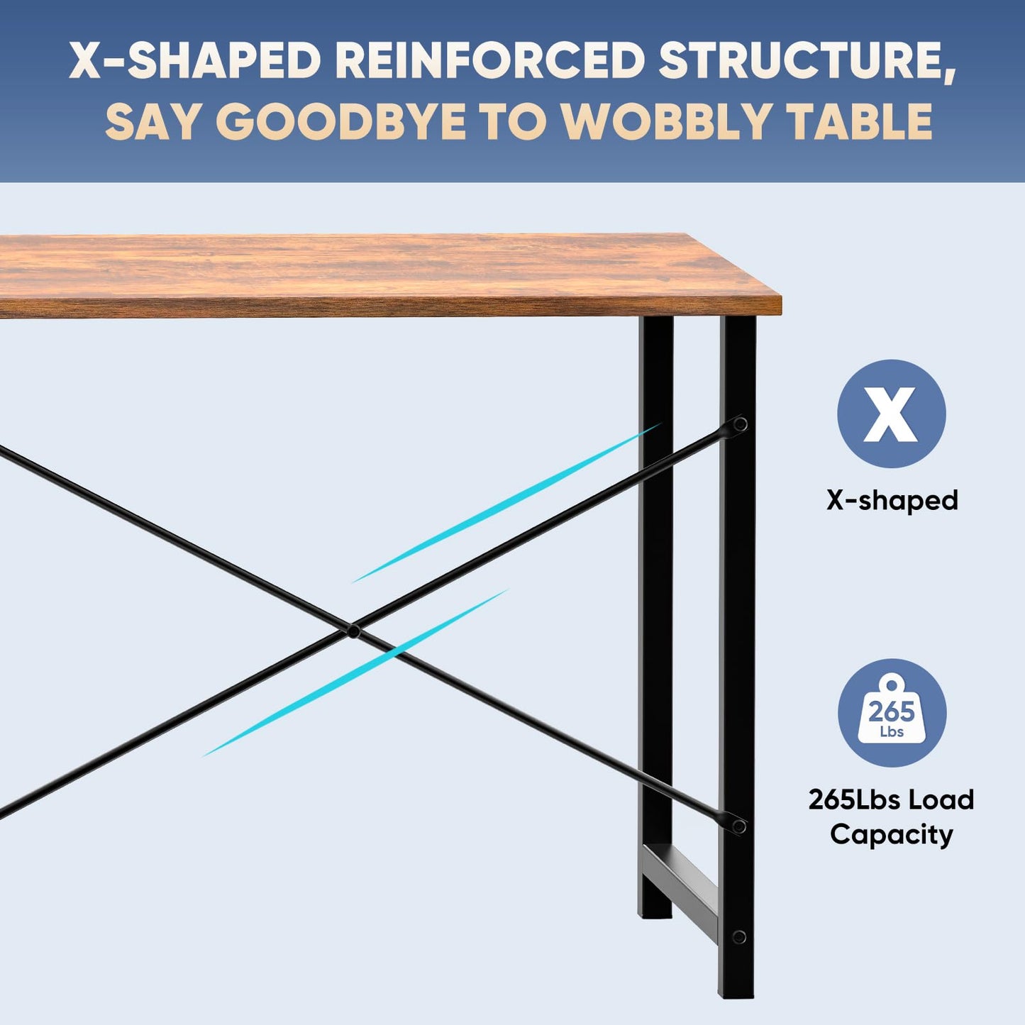 DUMOS 47 Inch Computer Desk for Home Office, Modern Writing Study Table Simple Modern Style for Bedroom Small Space, Large Work Desks with X-Shaped Reinforcement, Wood Brown