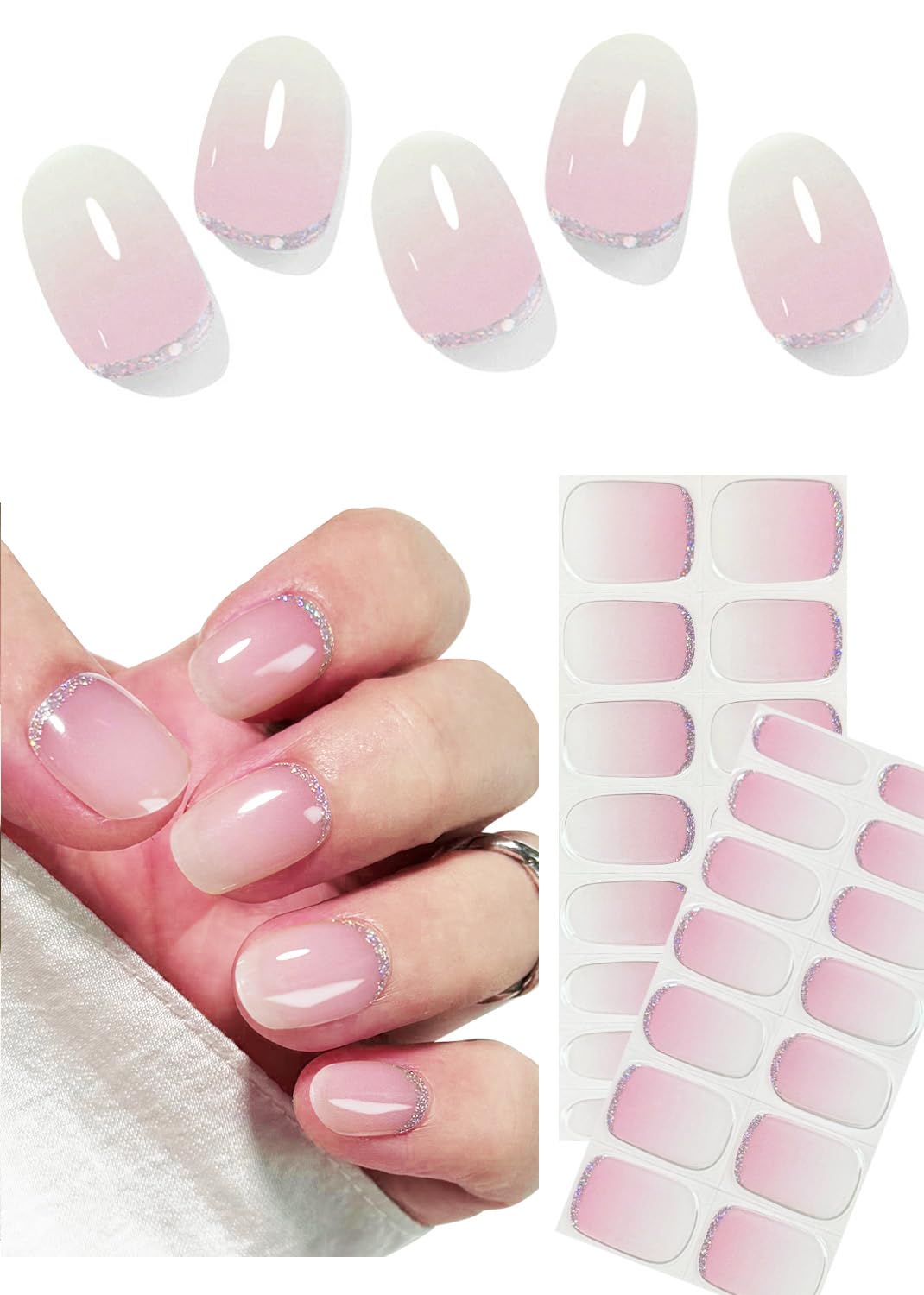 Semi Cured Gel Nail Strips, No LED Lamp Needed, Pink Ombre Glitter Gel Nail Stickers, Wraps for Home Manicure DIY
