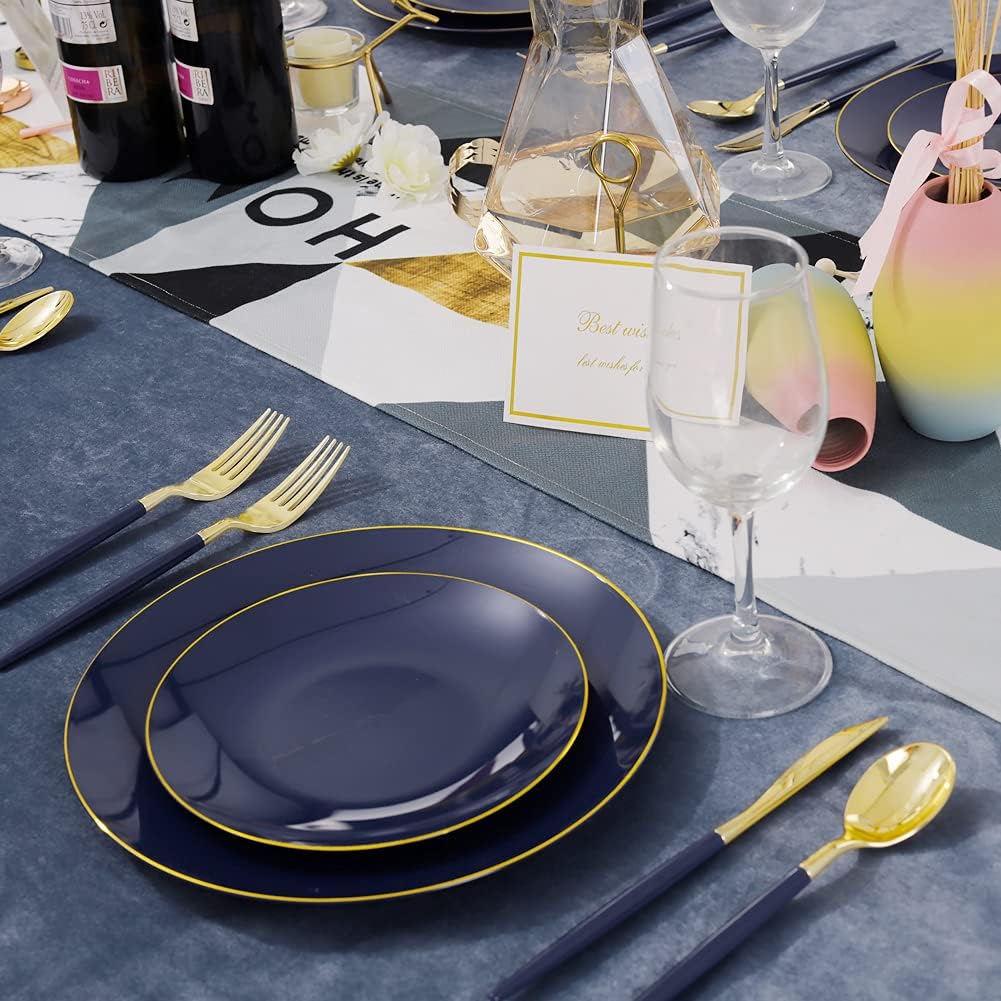 Liacere 150PCS Blue Plastic Plates - Gold Plastic Silverware with Blue Handle - Navy Disposable Plates Include 30 Guests Plates,Forks,Spoons,Knives for Wedding & Party & Halloween