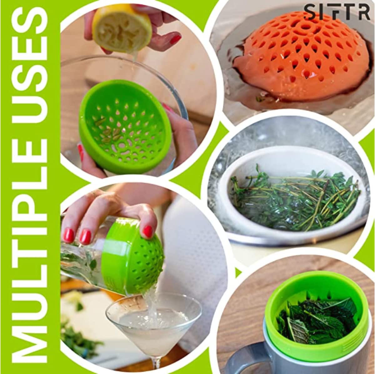 SIFTR (GREEN) Nesting Can Strainer Mini Colander Set - Space Saving Small Colanders and Strainers - Multi Use Kitchen Gadget - Silicone Can Strainer