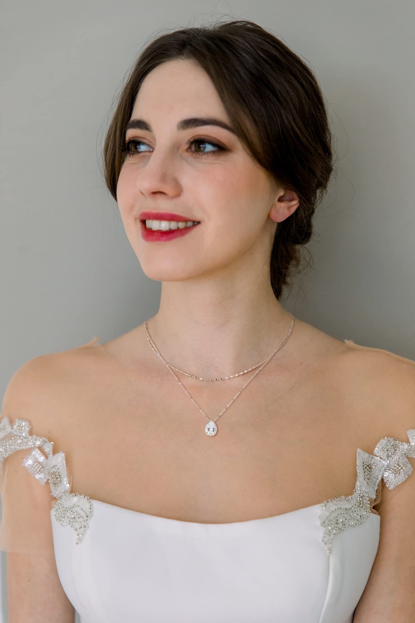 SWEETV Teardrop Wedding Back Necklace for Bride Bridesmaids, Silver Cubic Zirconia Simple Back Pendant Bridal Necklace for Wedding Party