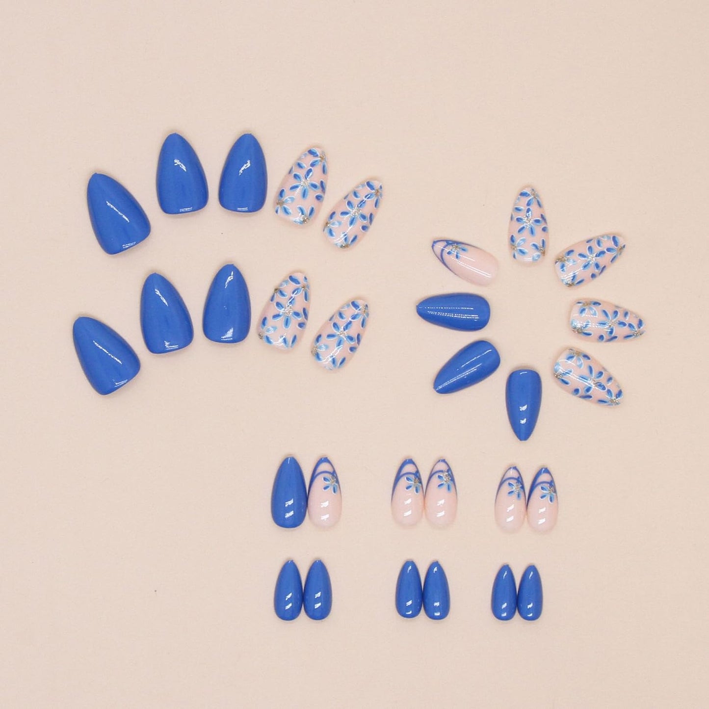 SWEKKE Blue Short Almond Press-on Nails - Full Cover Floral With Gold Glitter, Glossy French Acrylic Design - Handmade Manicure for Women and Girls - 24 Pieces