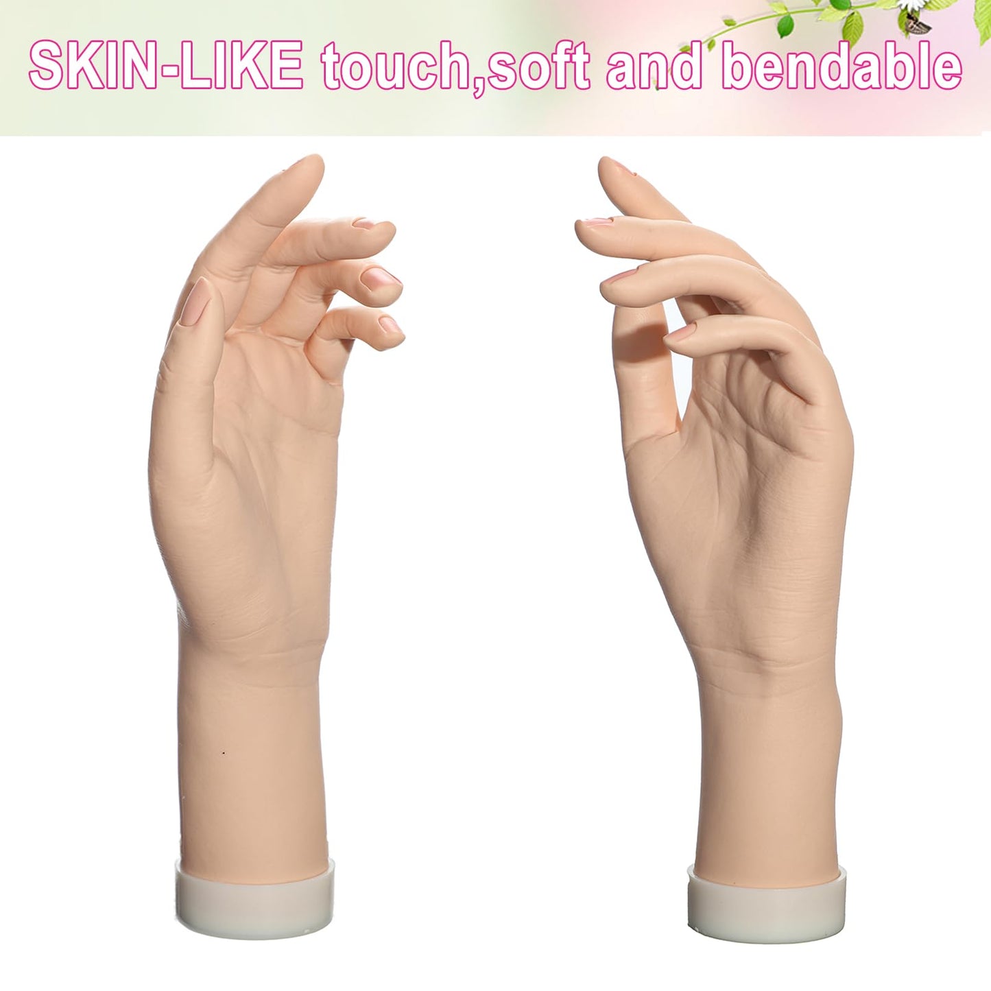 Practice Hand for Acrylic Nails Realistic Mannequin Hand for Nails Practice Soft Flexible Bendable False Fake Nail Hand Art Trainer Manicure Practice Hand Tool and Rings Display of Bracelets (Left)