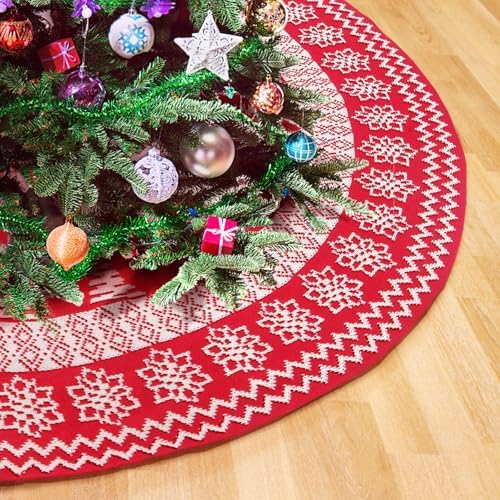 Knitted Christmas Tree Skirt,48 Inch Snowflakes Knit Christmas Tree Skirt Red Burgundy Tree Skirt Cable Knit Xmas Tree Skirt for Holiday Decoration