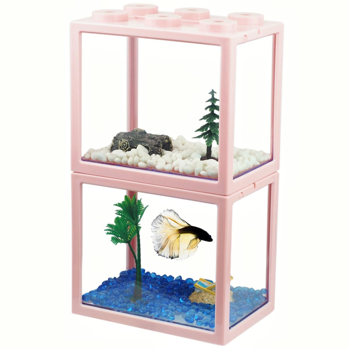 2 Pack Sea Monkey Fish Tank, Mini Betta Fish Tank Stackable Aquarium Tank Kit with Aquarium Gravel & Micro Landscape, 0.6 Gallon Acrylic Fish Bowl Tiny Shrimp Tank for Baby Fish Crab Moss Ball