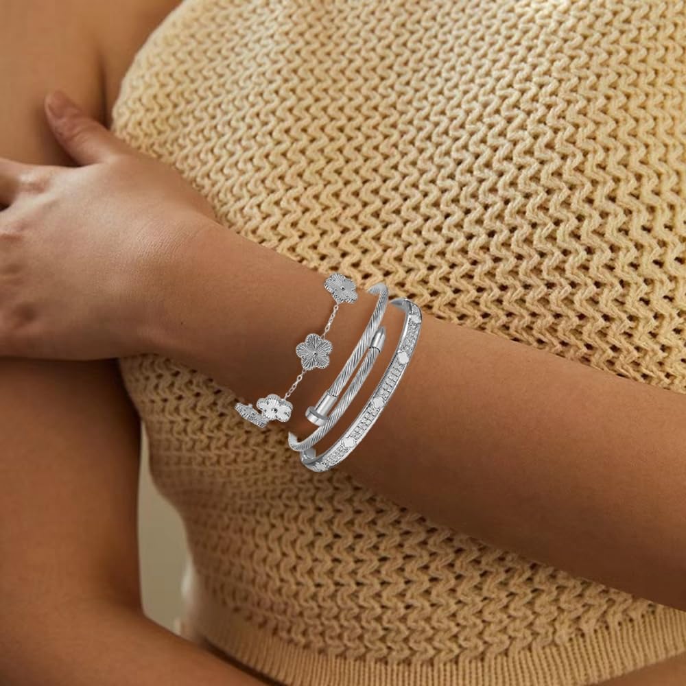 Nail Bracelets set for Women 3Pcs Stackable Love Bangle Clovers Bracelet Floral Bracelet Set Trendy Gifts for Women（S）
