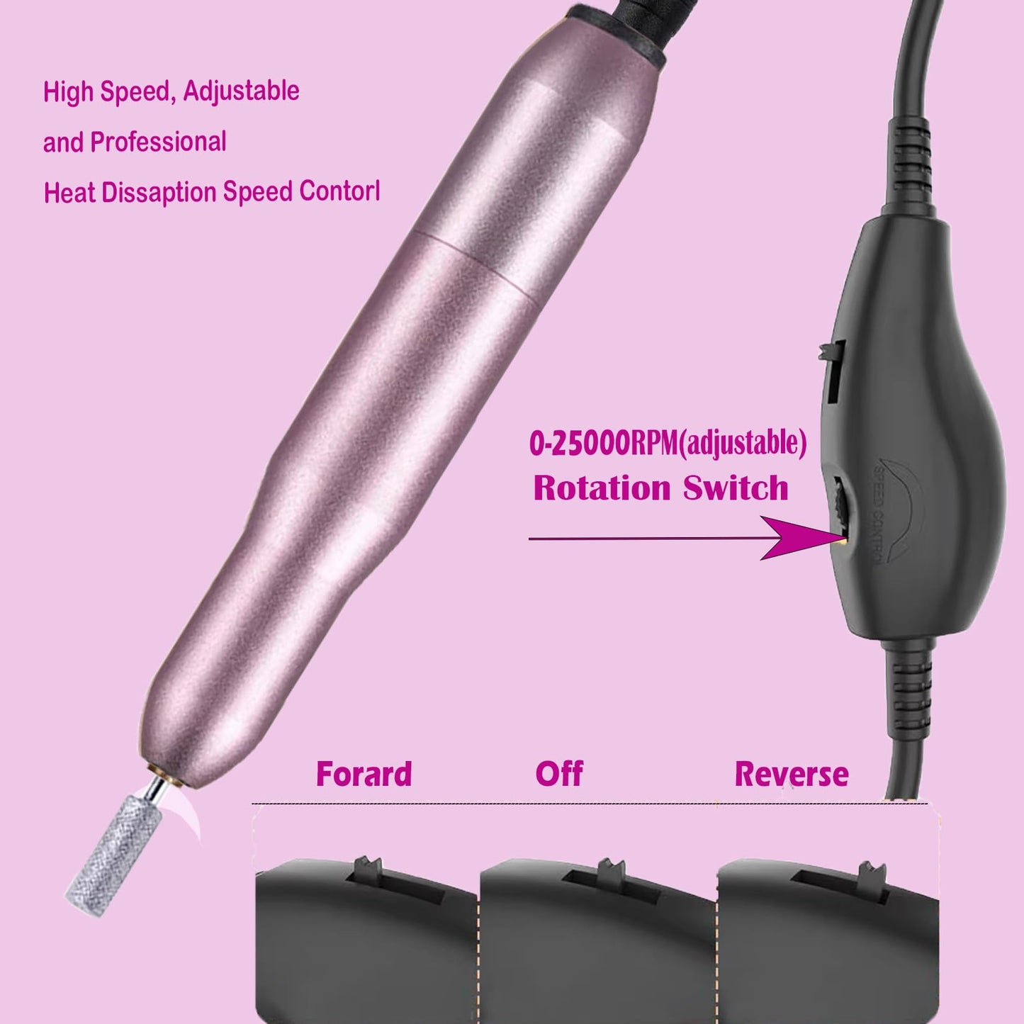 Portable Electric Nail Drill - Professional Manicure File With 25,000 RPM and 12 Bits for Gel Polish Removal
