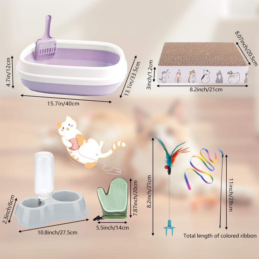 Kitten Starter Kit - 16 Pcs Cat Essentials Set Includes Litter Box, Toys, Collars, Scratch Pad, Nail File, Automatic Feed Bowls, Grooming Gloves (Purple, 16 Pcs)